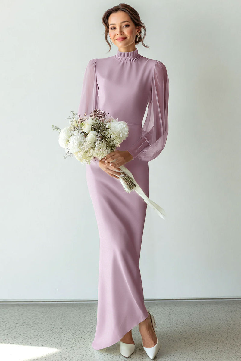 Laden Sie das Bild in den Galerie-Viewer, Weiß Chiffon Hochgeschlossener Ausschnitt Langes Brautkleid mit Ärmeln