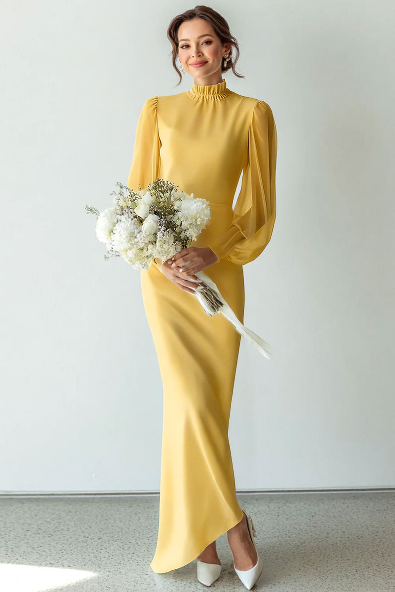 Laden Sie das Bild in den Galerie-Viewer, Weiß Chiffon Hochgeschlossener Ausschnitt Langes Brautkleid mit Ärmeln