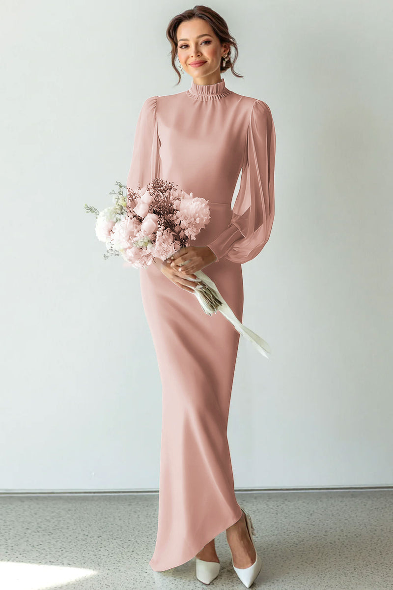 Laden Sie das Bild in den Galerie-Viewer, Weiß Chiffon Hochgeschlossener Ausschnitt Langes Brautkleid mit Ärmeln