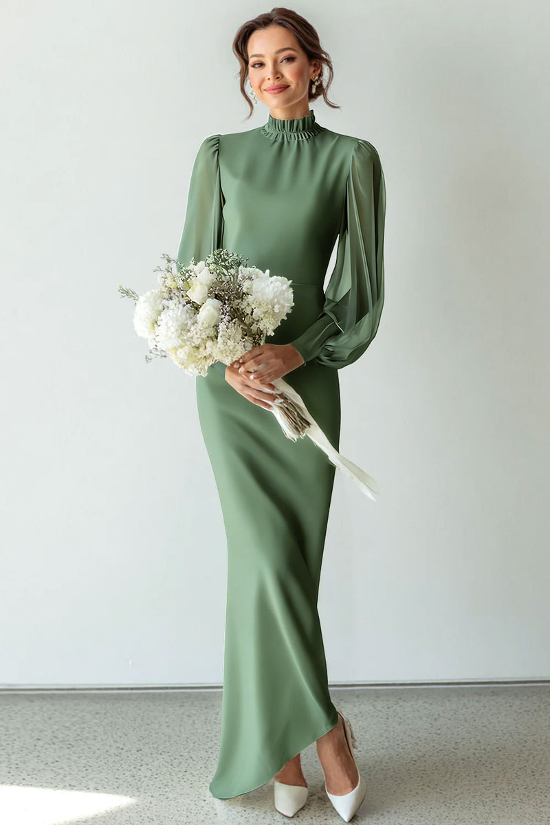 Laden Sie das Bild in den Galerie-Viewer, Weiß Chiffon Hochgeschlossener Ausschnitt Langes Brautkleid mit Ärmeln