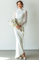 Laden Sie das Bild in den Galerie-Viewer, Leely Women White Chiffon Long Wedding Dress with Sleeves High Neck Mermaid Engagement Dress