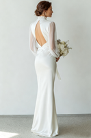 Laden Sie das Bild in den Galerie-Viewer, Weiß Chiffon Hochgeschlossener Ausschnitt Langes Brautkleid mit Ärmeln