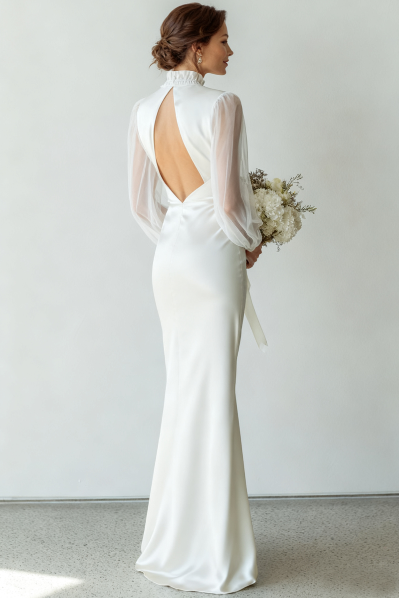 Laden Sie das Bild in den Galerie-Viewer, Weiß Chiffon Hochgeschlossener Ausschnitt Langes Brautkleid mit Ärmeln