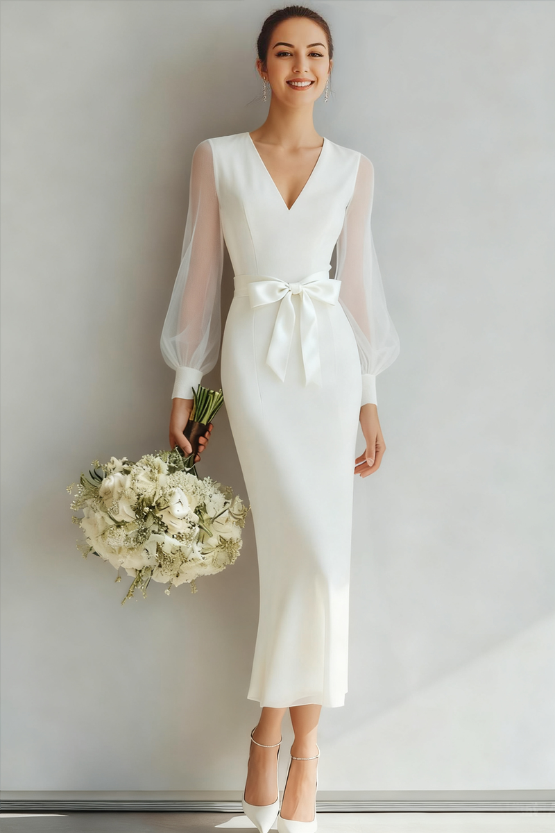 Laden Sie das Bild in den Galerie-Viewer, Leely Women White Long Sleeves Registry Wedding Dress with Bow V-Neck Sheath Engagement Dress