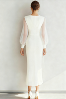 Laden Sie das Bild in den Galerie-Viewer, Weiß V Ausschnitt Etuikleid Lange Ärmel Brautkleid mit Schleife