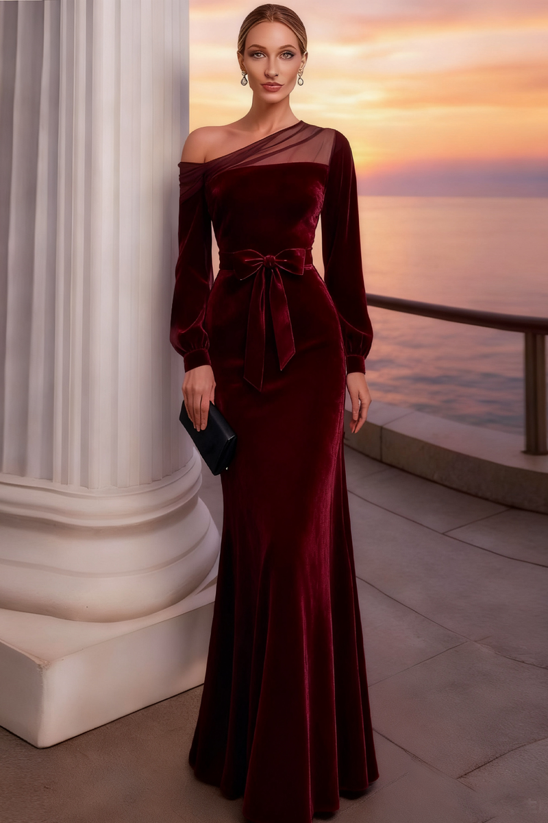 Laden Sie das Bild in den Galerie-Viewer, Leely Women Burgundy Long Velvet Holiday Party Dress with Sleeves Asymmetrical Neck Mermaid Formal Dress