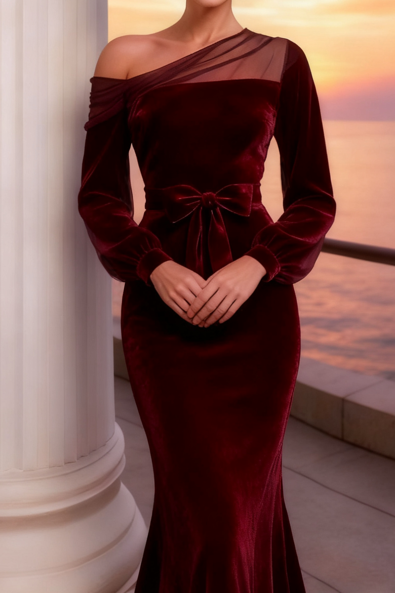 Laden Sie das Bild in den Galerie-Viewer, Burgund Langes Meerjungfrau Samt Festliches Kleid mit Ärmeln