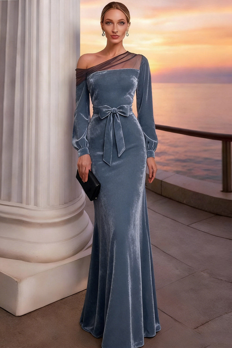 Laden Sie das Bild in den Galerie-Viewer, Burgund Langes Meerjungfrau Samt Festliches Kleid mit Ärmeln