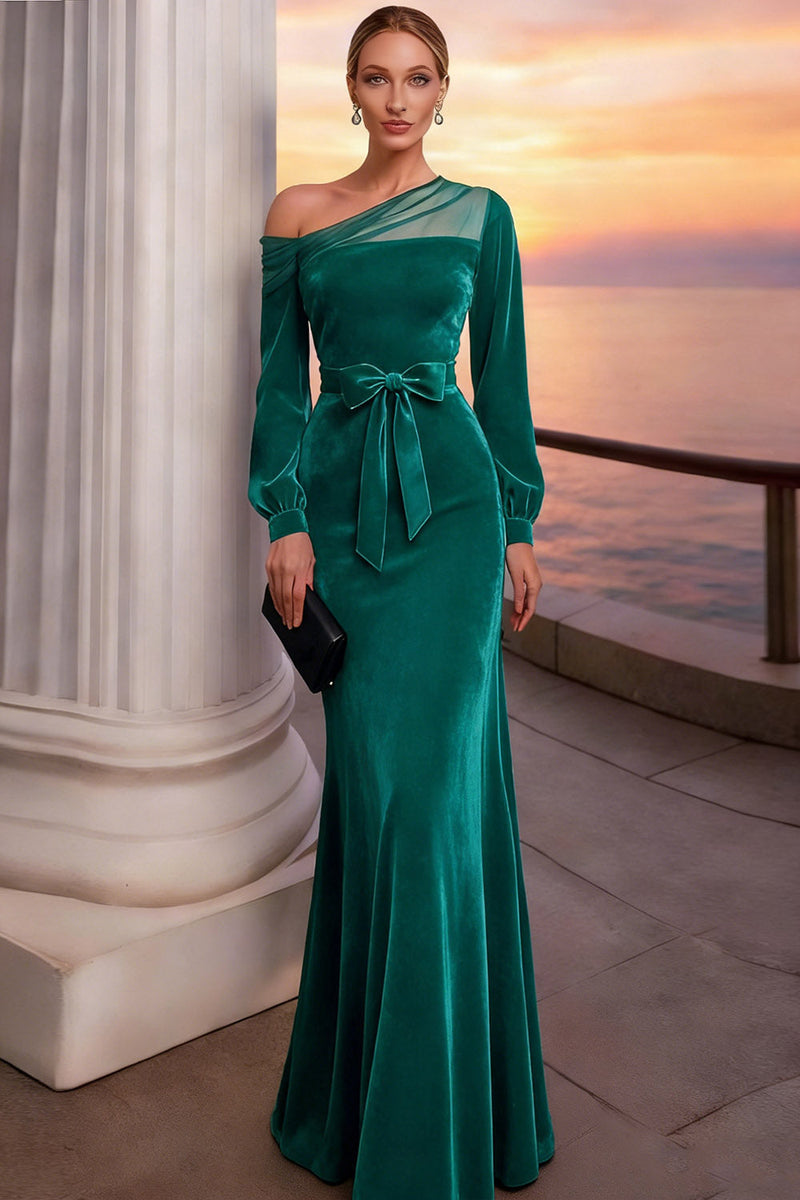Laden Sie das Bild in den Galerie-Viewer, Burgund Langes Meerjungfrau Samt Festliches Kleid mit Ärmeln