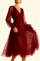 Laden Sie das Bild in den Galerie-Viewer, Smaragdgrün A-Linien V Ausschnitt Midi Abendkleid mit Ärmeln