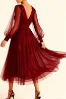 Laden Sie das Bild in den Galerie-Viewer, Smaragdgrün A-Linien V Ausschnitt Midi Abendkleid mit Ärmeln