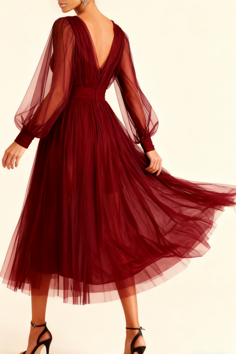 Laden Sie das Bild in den Galerie-Viewer, Smaragdgrün A-Linien V Ausschnitt Midi Abendkleid mit Ärmeln
