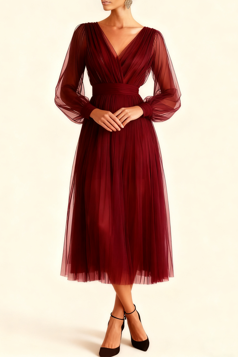 Laden Sie das Bild in den Galerie-Viewer, Smaragdgrün A-Linien V Ausschnitt Midi Abendkleid mit Ärmeln