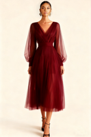 Laden Sie das Bild in den Galerie-Viewer, Smaragdgrün A-Linien V Ausschnitt Midi Abendkleid mit Ärmeln