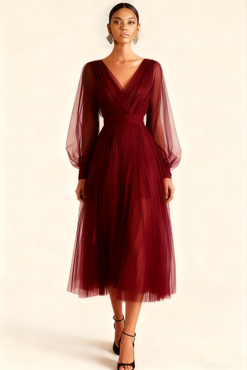 Laden Sie das Bild in den Galerie-Viewer, Smaragdgrün A-Linien V Ausschnitt Midi Abendkleid mit Ärmeln