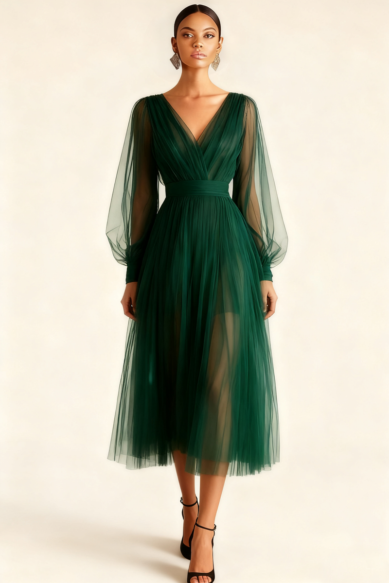 Laden Sie das Bild in den Galerie-Viewer, Leely Women Emerald Green A Line Midi Formal Dress with Sleeves Tulle V-Neck Holiday Party Dress