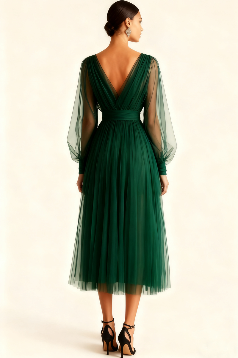 Laden Sie das Bild in den Galerie-Viewer, Smaragdgrün A-Linien V Ausschnitt Midi Abendkleid mit Ärmeln