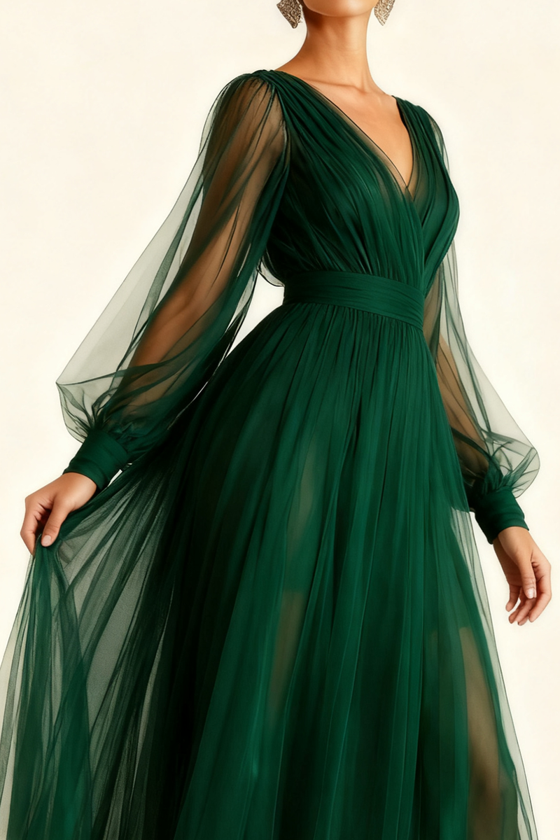 Laden Sie das Bild in den Galerie-Viewer, Smaragdgrün A-Linien V Ausschnitt Midi Abendkleid mit Ärmeln