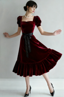 Laden Sie das Bild in den Galerie-Viewer, Burgund A Linien Midi Samt Festliches Kleid mit Ärmeln