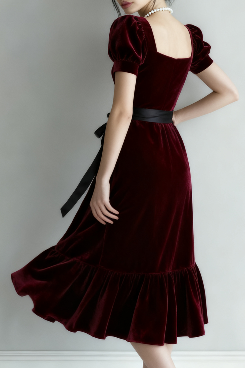 Laden Sie das Bild in den Galerie-Viewer, Burgund A Linien Midi Samt Festliches Kleid mit Ärmeln