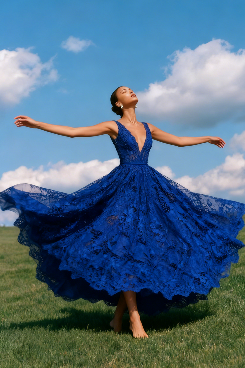 Laden Sie das Bild in den Galerie-Viewer, Spitze Blau A Linie V-Ausschnitt Rückenfreie Lange Abiball Kleid