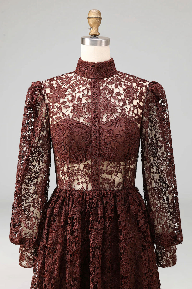 Laden Sie das Bild in den Galerie-Viewer, Schwarz Hochgeschlossener Ausschnitt Lange Ärmel Spitze Abendkleid mit Taschen