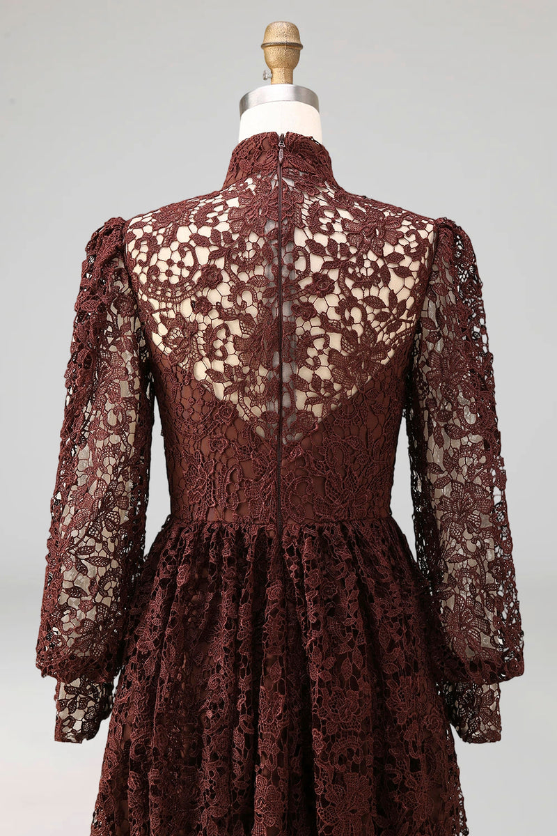 Laden Sie das Bild in den Galerie-Viewer, Schwarz Hochgeschlossener Ausschnitt Lange Ärmel Spitze Abendkleid mit Taschen