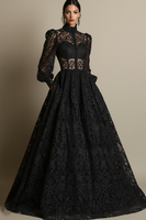 Laden Sie das Bild in den Galerie-Viewer, Leely Women Black Long Sleeves Lace Evening Dress with Pockets High Neck A Line Formal Dress with Sleeves