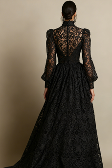 Schwarz Hochgeschlossener Ausschnitt Lange Ärmel Spitze Abendkleid mit Taschen