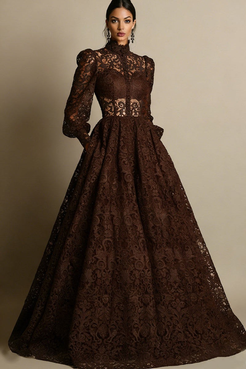 Laden Sie das Bild in den Galerie-Viewer, Schwarz Hochgeschlossener Ausschnitt Lange Ärmel Spitze Abendkleid mit Taschen
