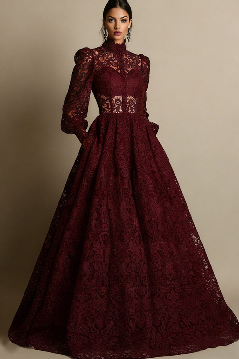 Laden Sie das Bild in den Galerie-Viewer, Schwarz Hochgeschlossener Ausschnitt Lange Ärmel Spitze Abendkleid mit Taschen