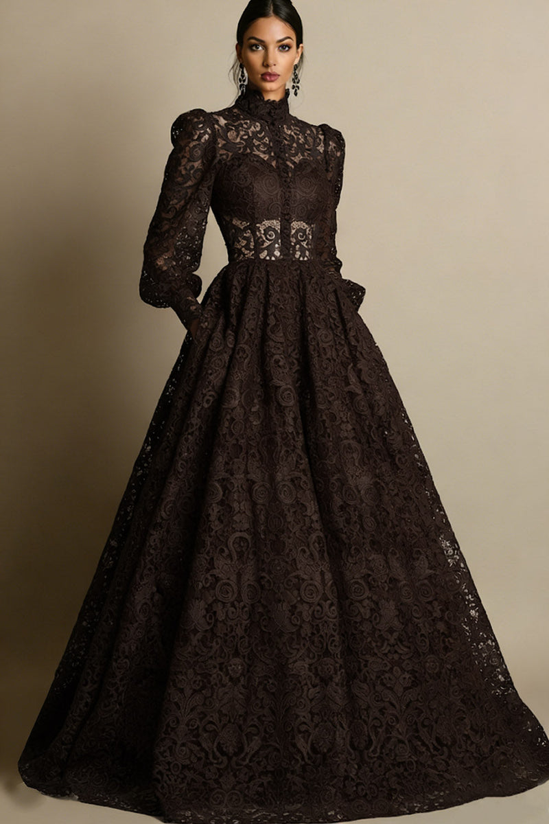 Laden Sie das Bild in den Galerie-Viewer, Schwarz Hochgeschlossener Ausschnitt Lange Ärmel Spitze Abendkleid mit Taschen