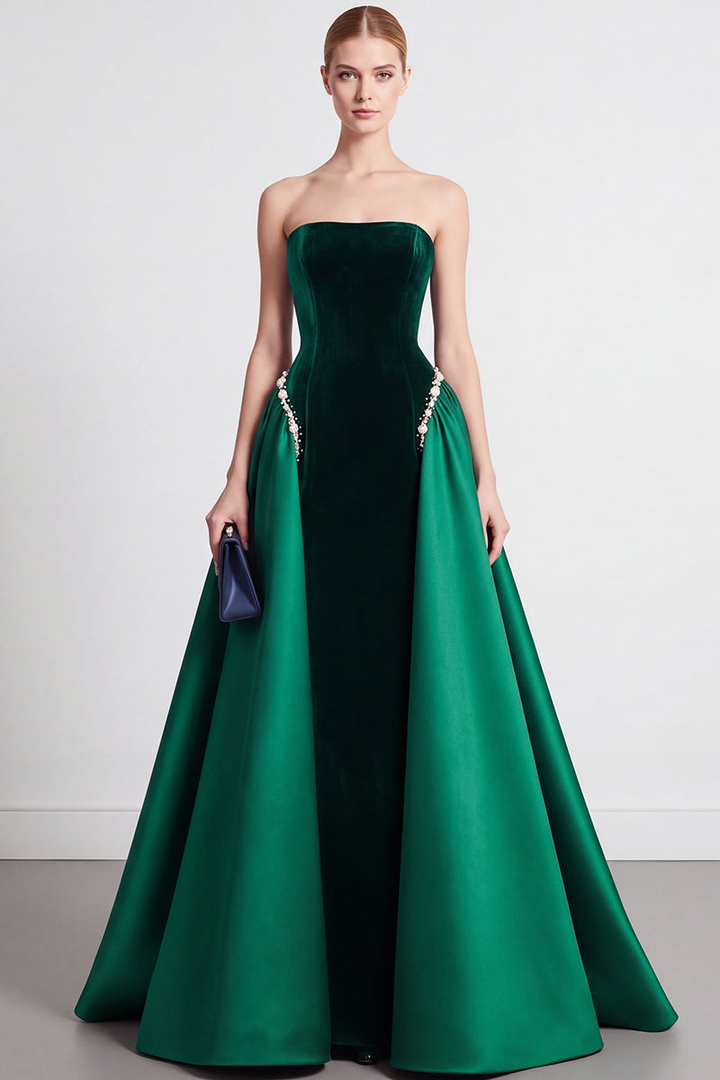 Laden Sie das Bild in den Galerie-Viewer, Marineblau A Linien Ohne Träger Samt Langes Abendkleid mit Cape