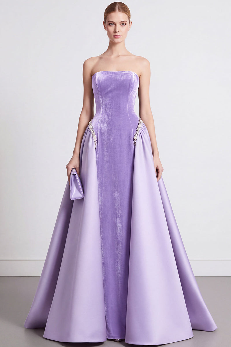 Laden Sie das Bild in den Galerie-Viewer, Marineblau A Linien Ohne Träger Samt Langes Abendkleid mit Cape
