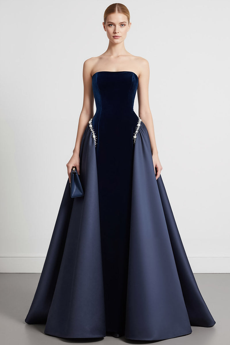 Laden Sie das Bild in den Galerie-Viewer, Leely Women Navy Velvet Long Formal Dress with Cape A Line Strapless Backless Evening Dress
