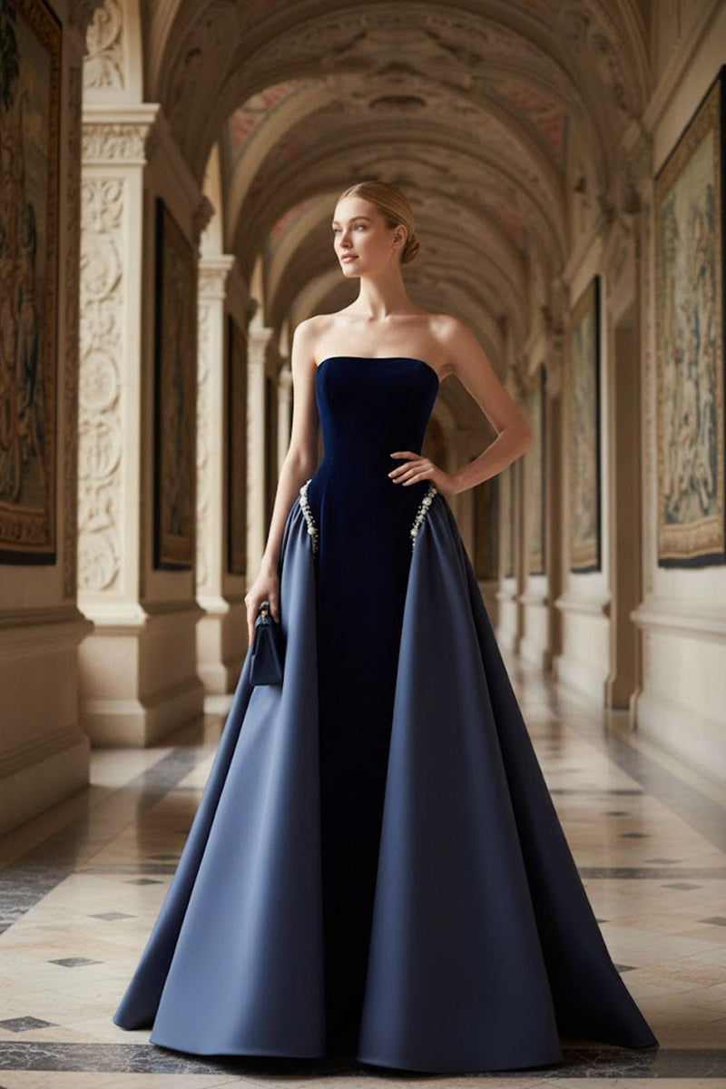 Laden Sie das Bild in den Galerie-Viewer, Marineblau A Linien Ohne Träger Samt Langes Abendkleid mit Cape