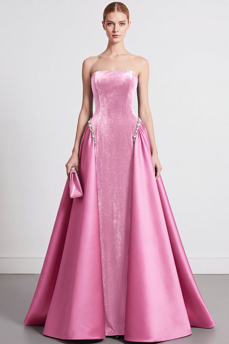 Laden Sie das Bild in den Galerie-Viewer, Marineblau A Linien Ohne Träger Samt Langes Abendkleid mit Cape