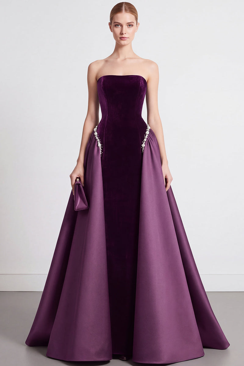 Laden Sie das Bild in den Galerie-Viewer, Marineblau A Linien Ohne Träger Samt Langes Abendkleid mit Cape