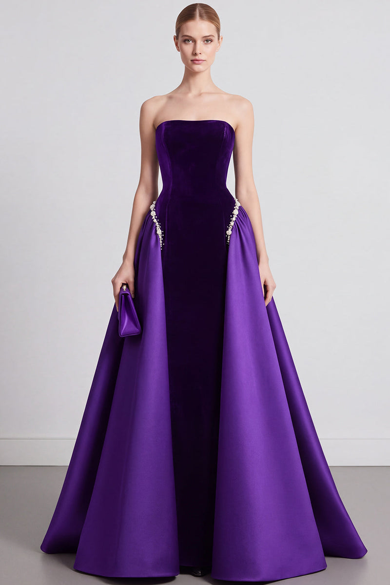 Laden Sie das Bild in den Galerie-Viewer, Marineblau A Linien Ohne Träger Samt Langes Abendkleid mit Cape