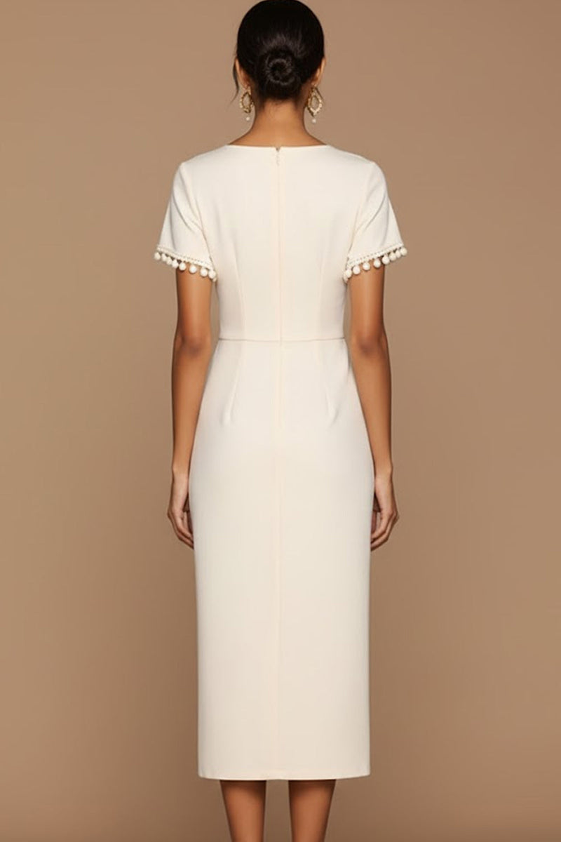 Laden Sie das Bild in den Galerie-Viewer, Weiß Bodycon Juwelenausschnitt Midi Standesamt Kleid mit Ärmel