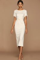 Laden Sie das Bild in den Galerie-Viewer, Leely Women White Ruched Midi Wedding Reception Dress with Sleeves Bodycon Jewel Neck Engagement Dress