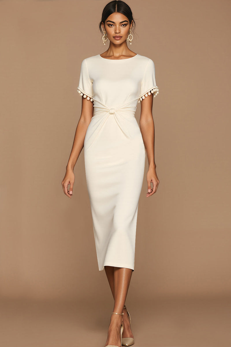 Laden Sie das Bild in den Galerie-Viewer, Leely Women White Ruched Midi Wedding Reception Dress with Sleeves Bodycon Jewel Neck Engagement Dress