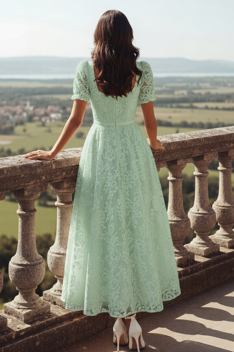Laden Sie das Bild in den Galerie-Viewer, Weiß Spitze Eckiger Ausschnitt Langes Brautkleid mit Ärmeln