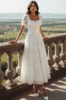 Laden Sie das Bild in den Galerie-Viewer, Leely Women White Lace Long Wedding Reception Dress with Sleeves Square Neck A Line Engagemnet Dress