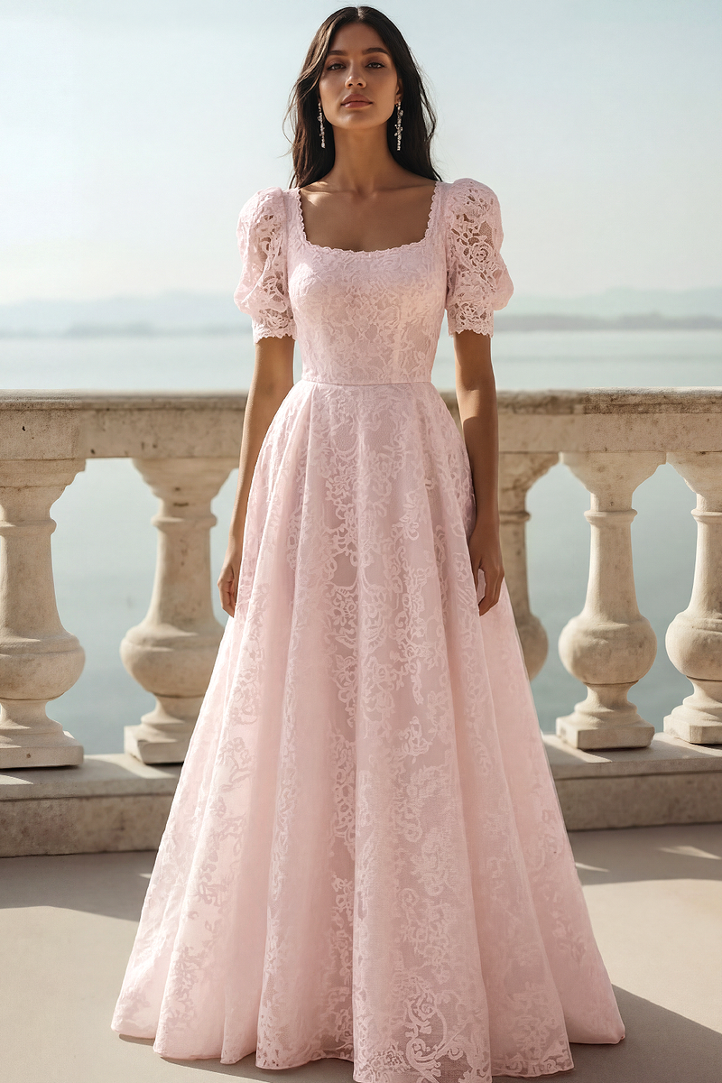 Laden Sie das Bild in den Galerie-Viewer, Weiß Spitze Eckiger Ausschnitt A-Linien Langes Brautkleid