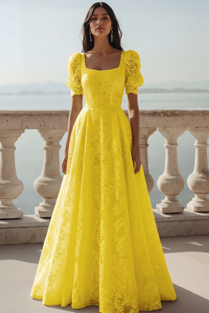 Laden Sie das Bild in den Galerie-Viewer, Weiß Spitze Eckiger Ausschnitt A-Linien Langes Brautkleid
