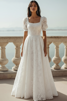 Laden Sie das Bild in den Galerie-Viewer, Leely Women White Lace Long Wedding Reception Dress Square Neck A Line Bridal Dress with Sleeves