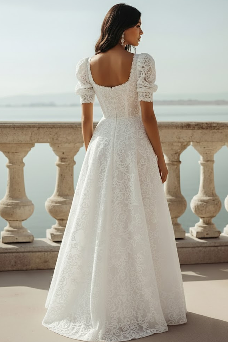 Laden Sie das Bild in den Galerie-Viewer, Weiß Spitze Eckiger Ausschnitt A-Linien Langes Brautkleid