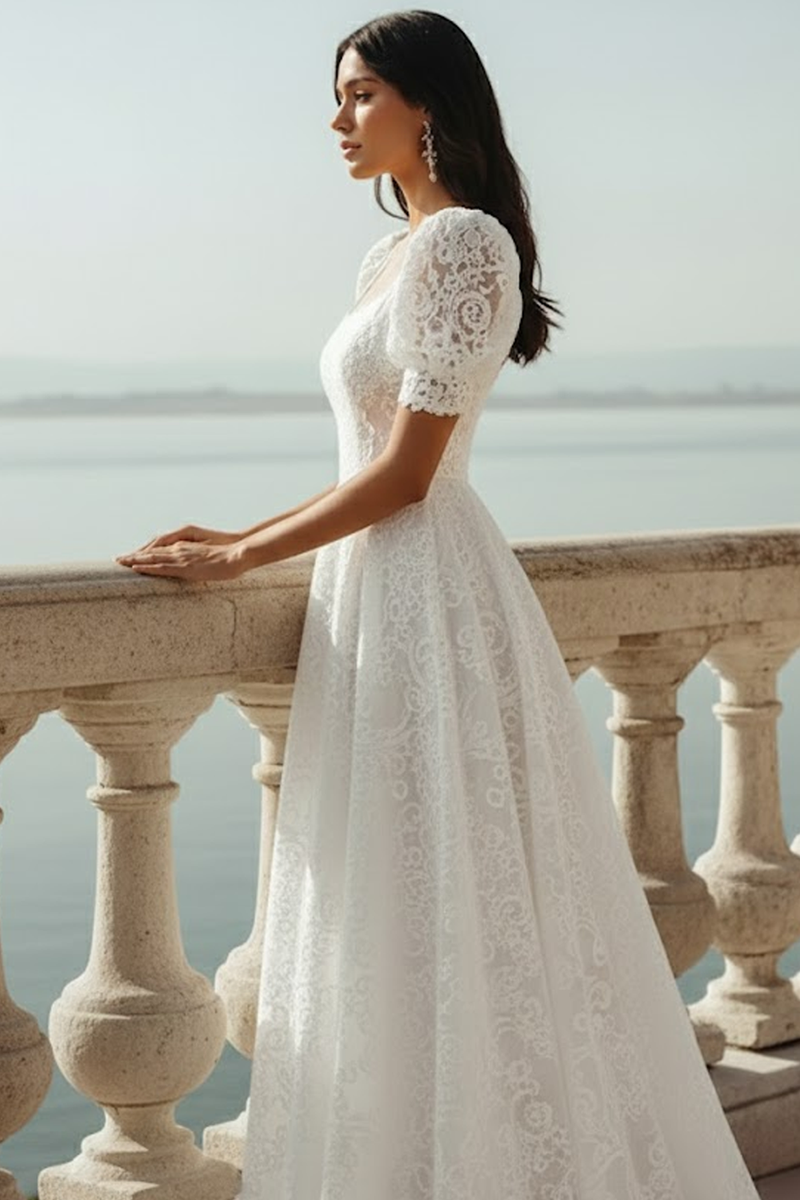Laden Sie das Bild in den Galerie-Viewer, Weiß Spitze Eckiger Ausschnitt A-Linien Langes Brautkleid