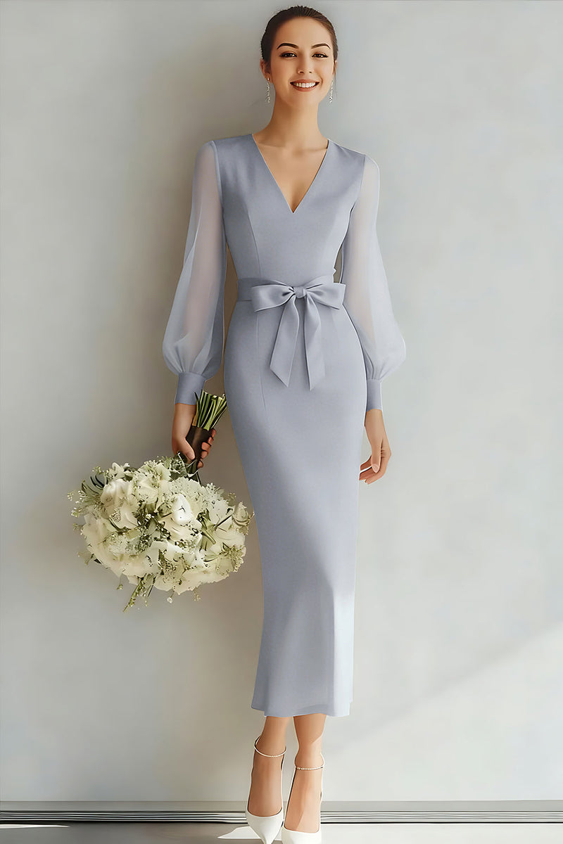 Laden Sie das Bild in den Galerie-Viewer, Weiß V Ausschnitt Etuikleid Lange Ärmel Brautkleid mit Schleife